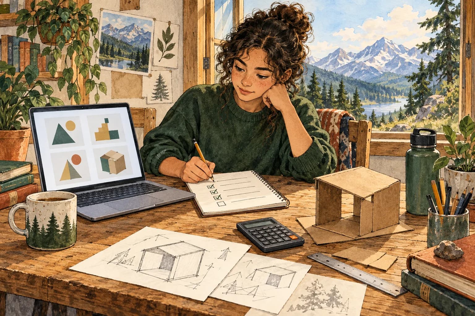 A learner comparing a computer draft with a checklist and a practical prototype