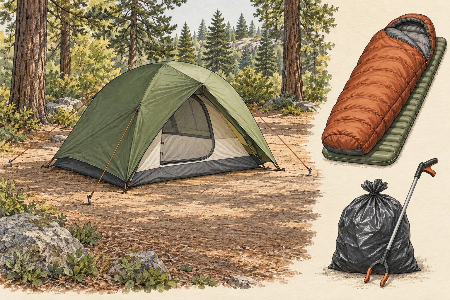 A tent, sleep equipment, and campsite cleanup supplies