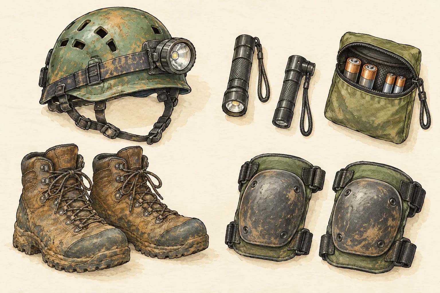 A helmet light, two backup lights, batteries, boots, and knee pads