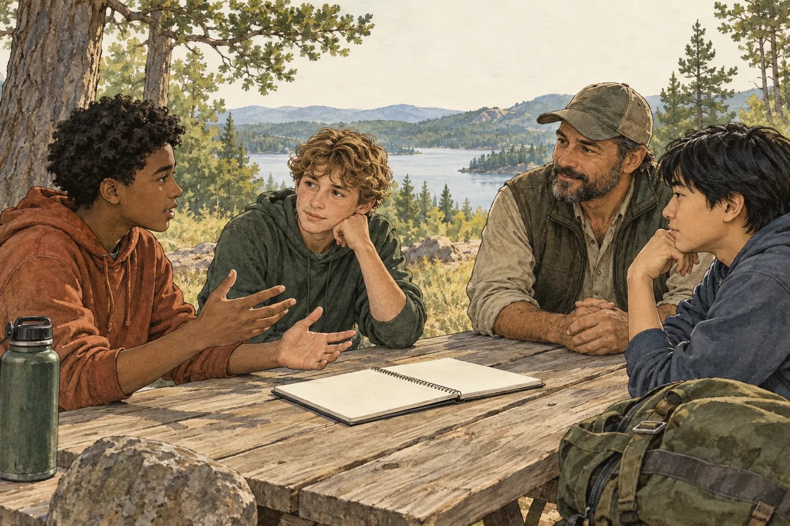 A mentor and youth listening and planning together at an outdoor table
