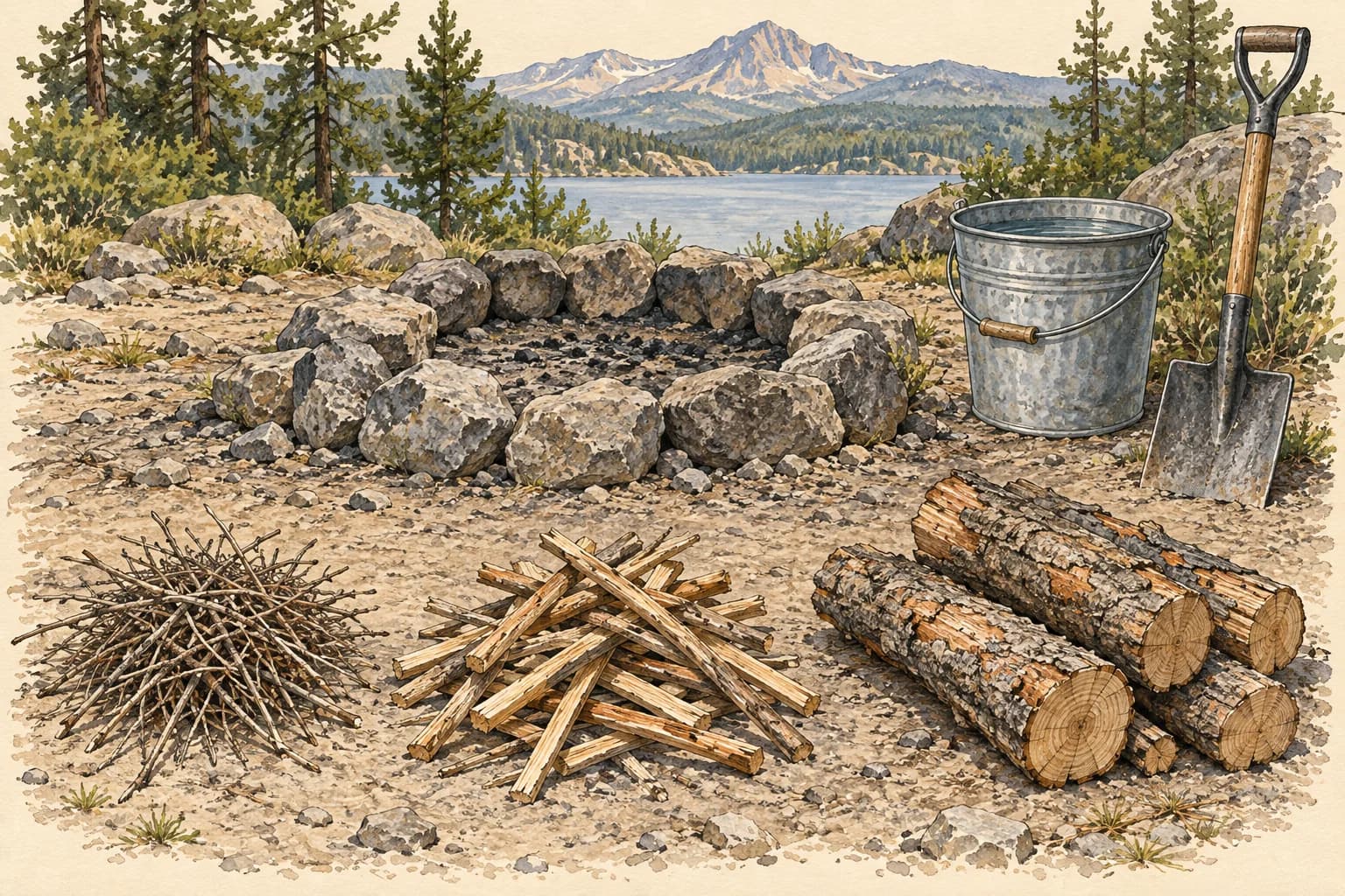An unlit fire ring with tinder, kindling, wood, water, and a shovel