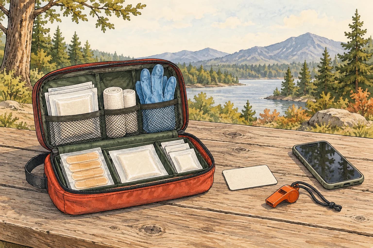 First-aid supplies, a phone, and a whistle organized on an outdoor table