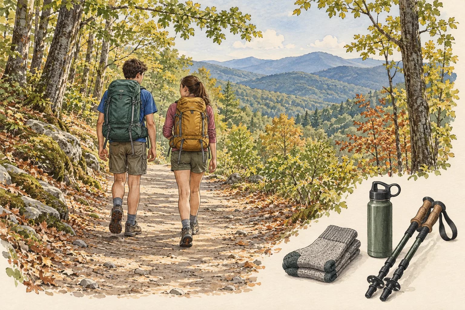 Two hikers together on a forest trail with their equipment