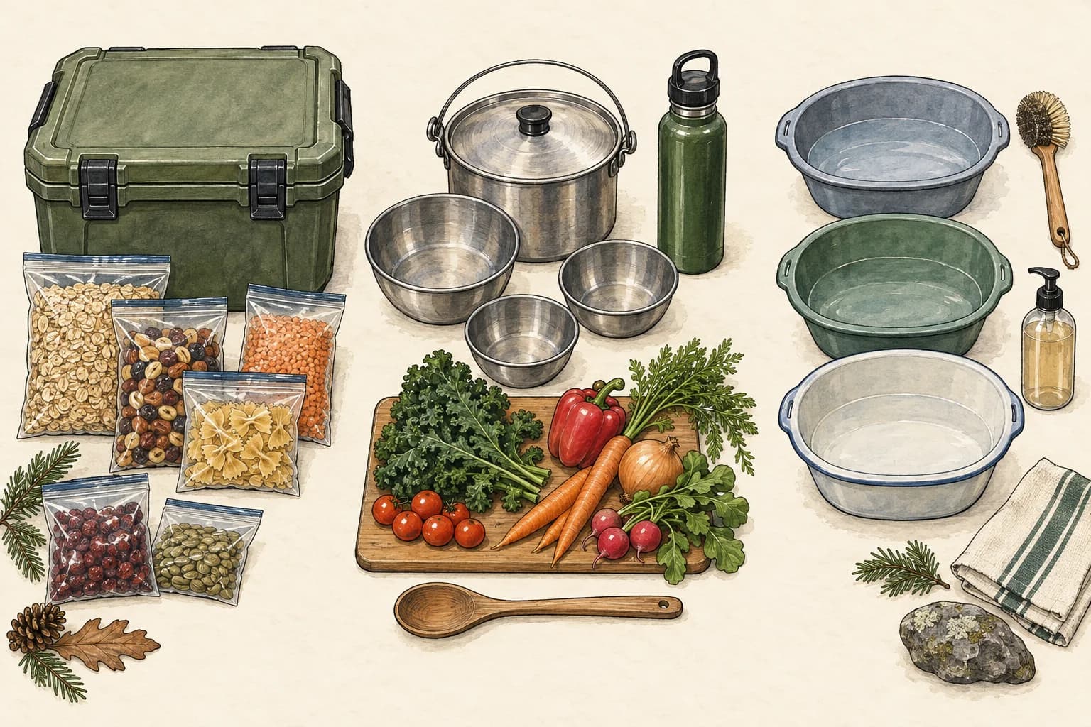 Food storage, cooking equipment, and a dish-cleaning setup