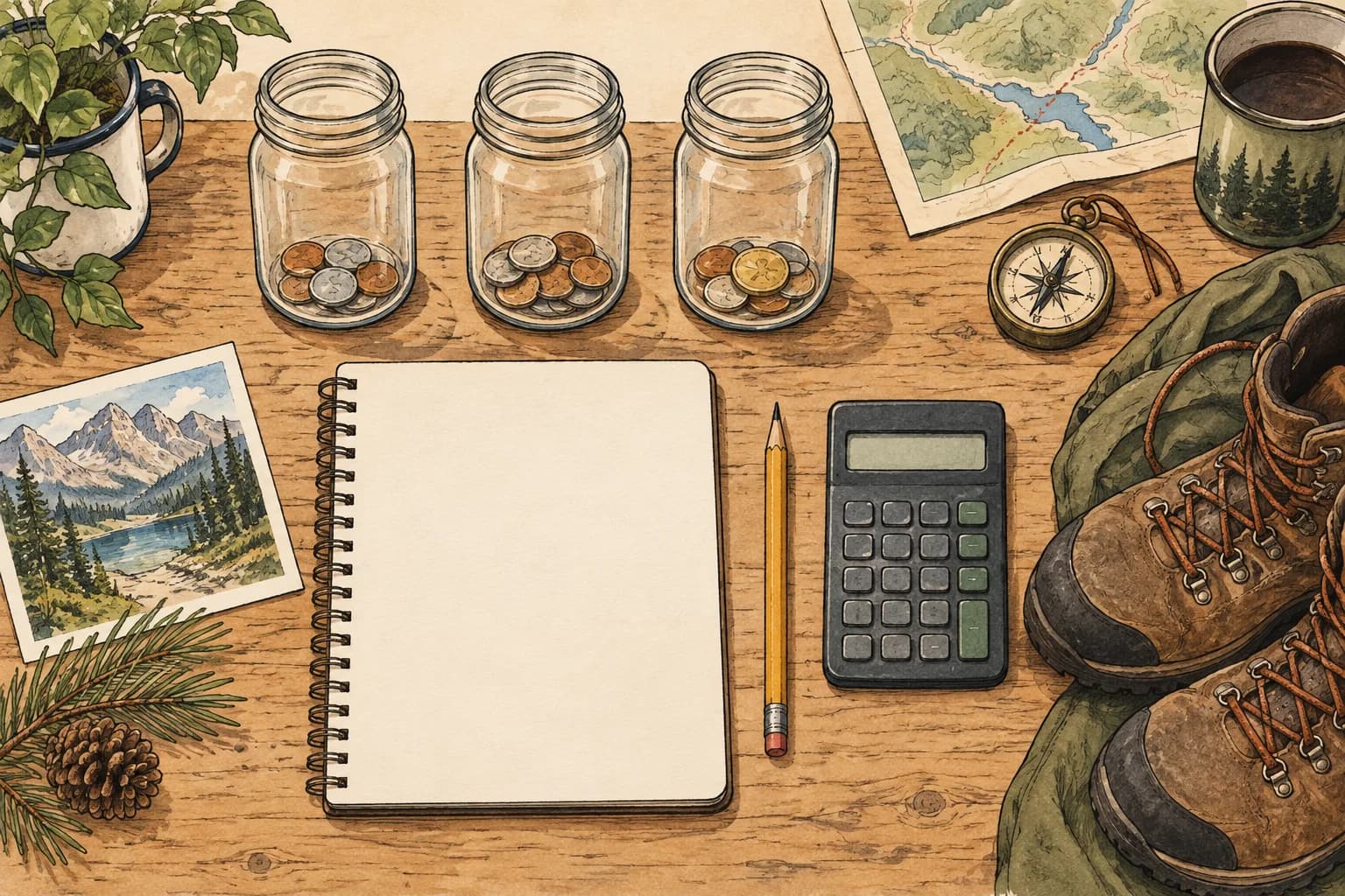 Savings jars, a notebook, calculator, and hiking boots representing a goal