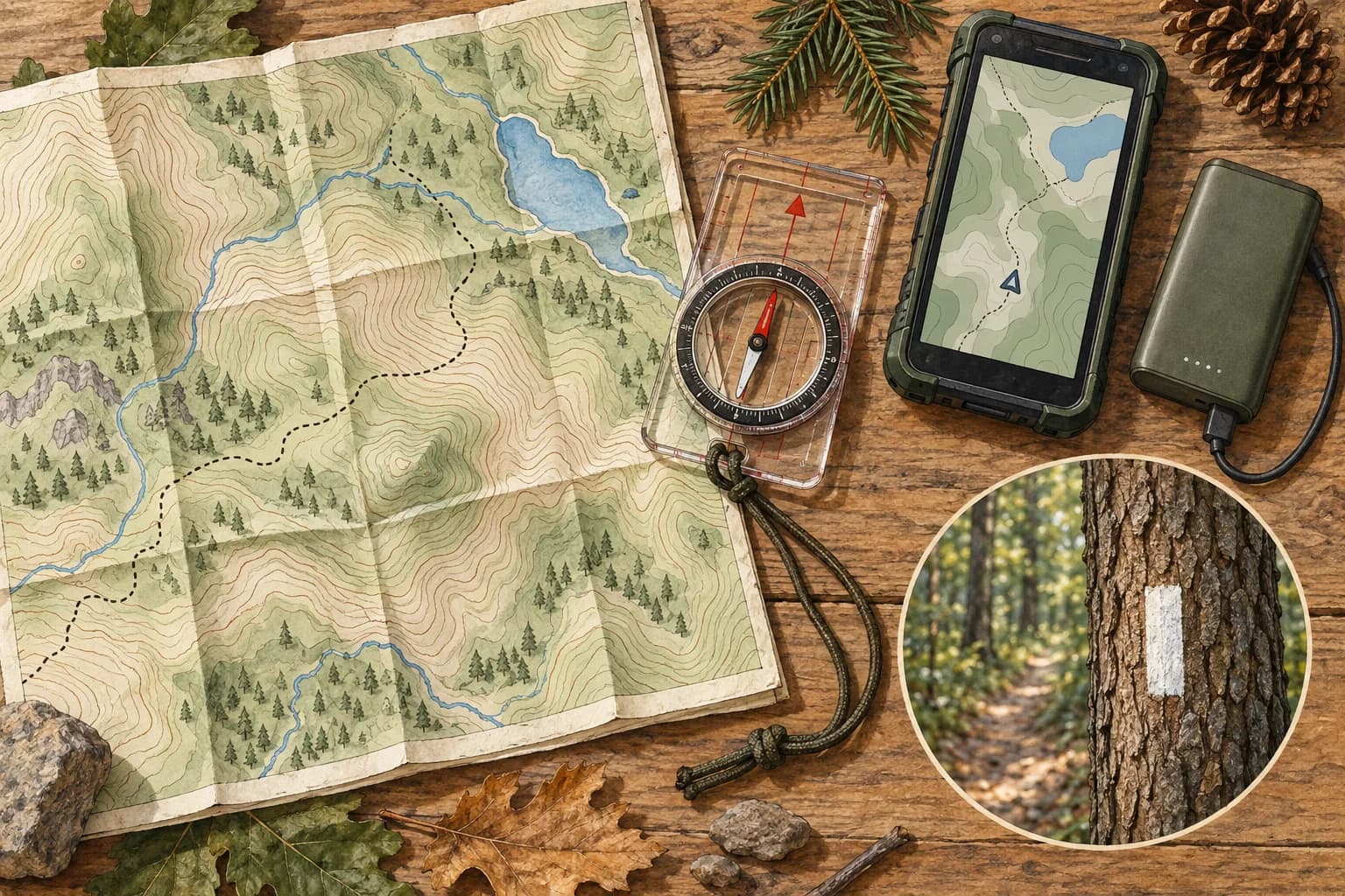 A topographic map, compass, phone, and backup power