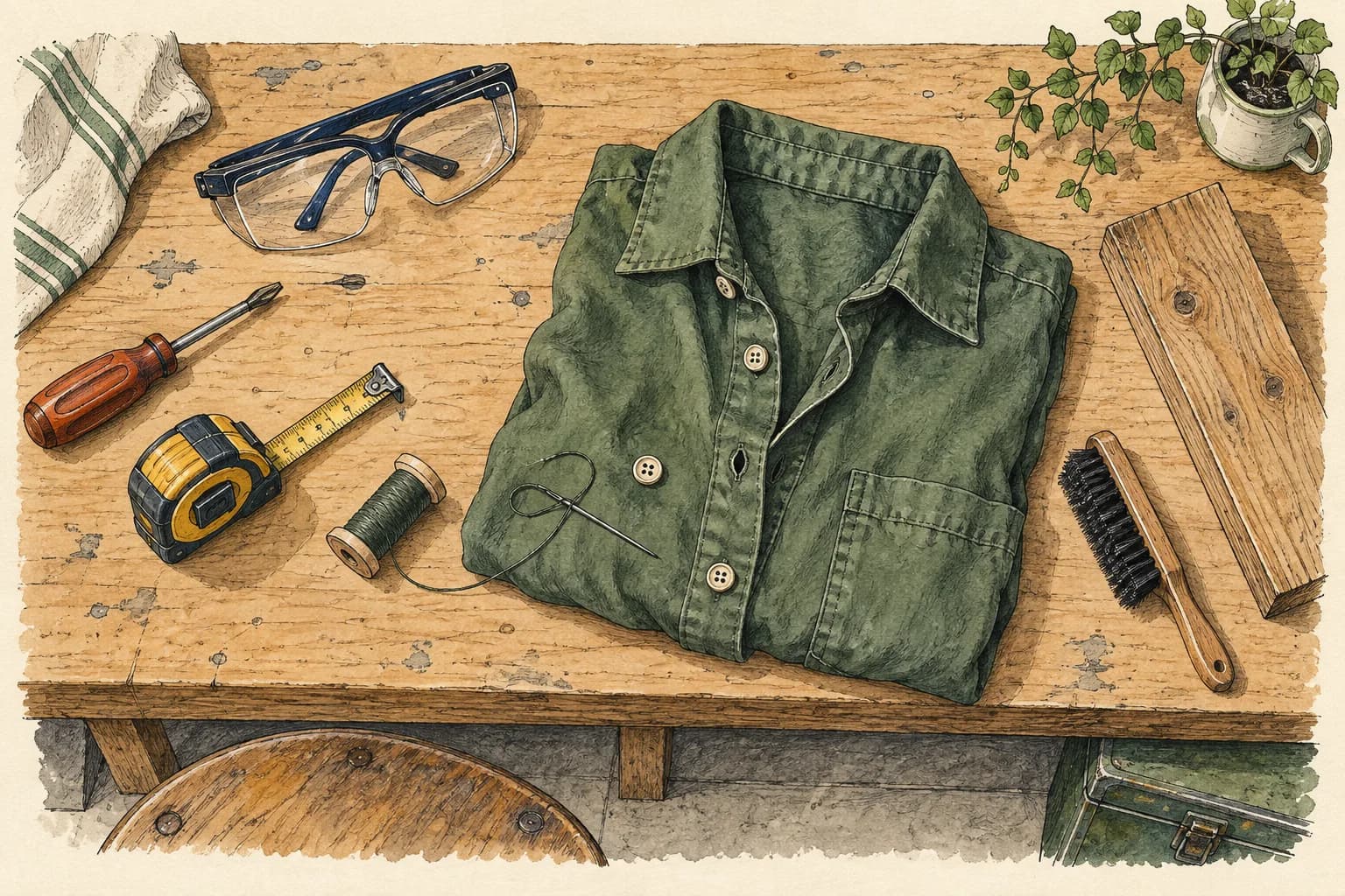 Hand tools, safety glasses, and a shirt ready for a small sewing repair