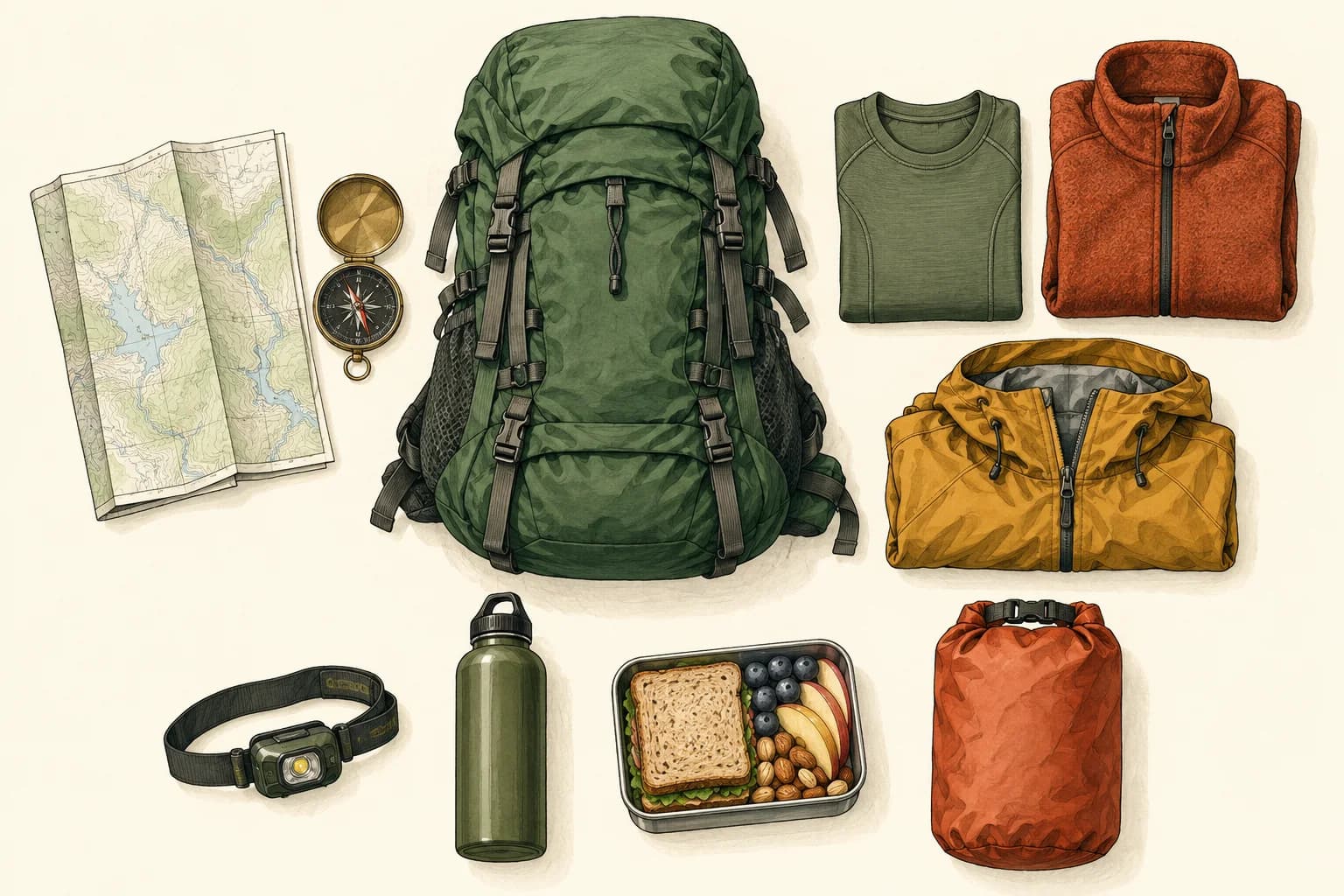 A backpack and outdoor essentials laid out before an outing