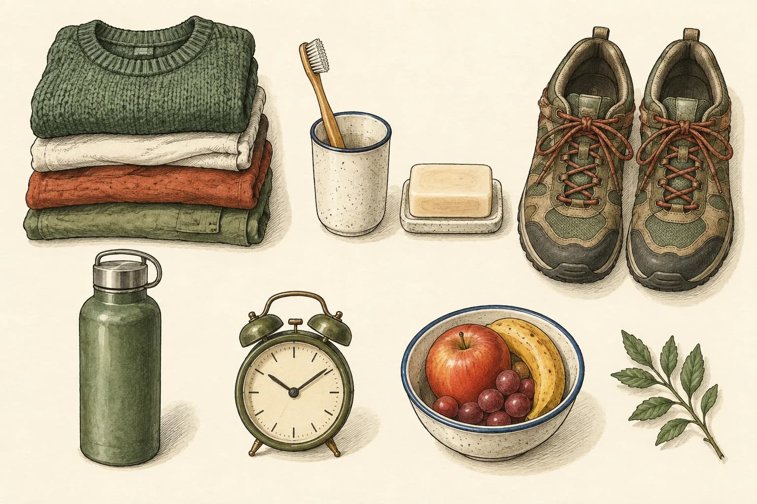 Clothes, hygiene supplies, shoes, fruit, water, and an alarm clock