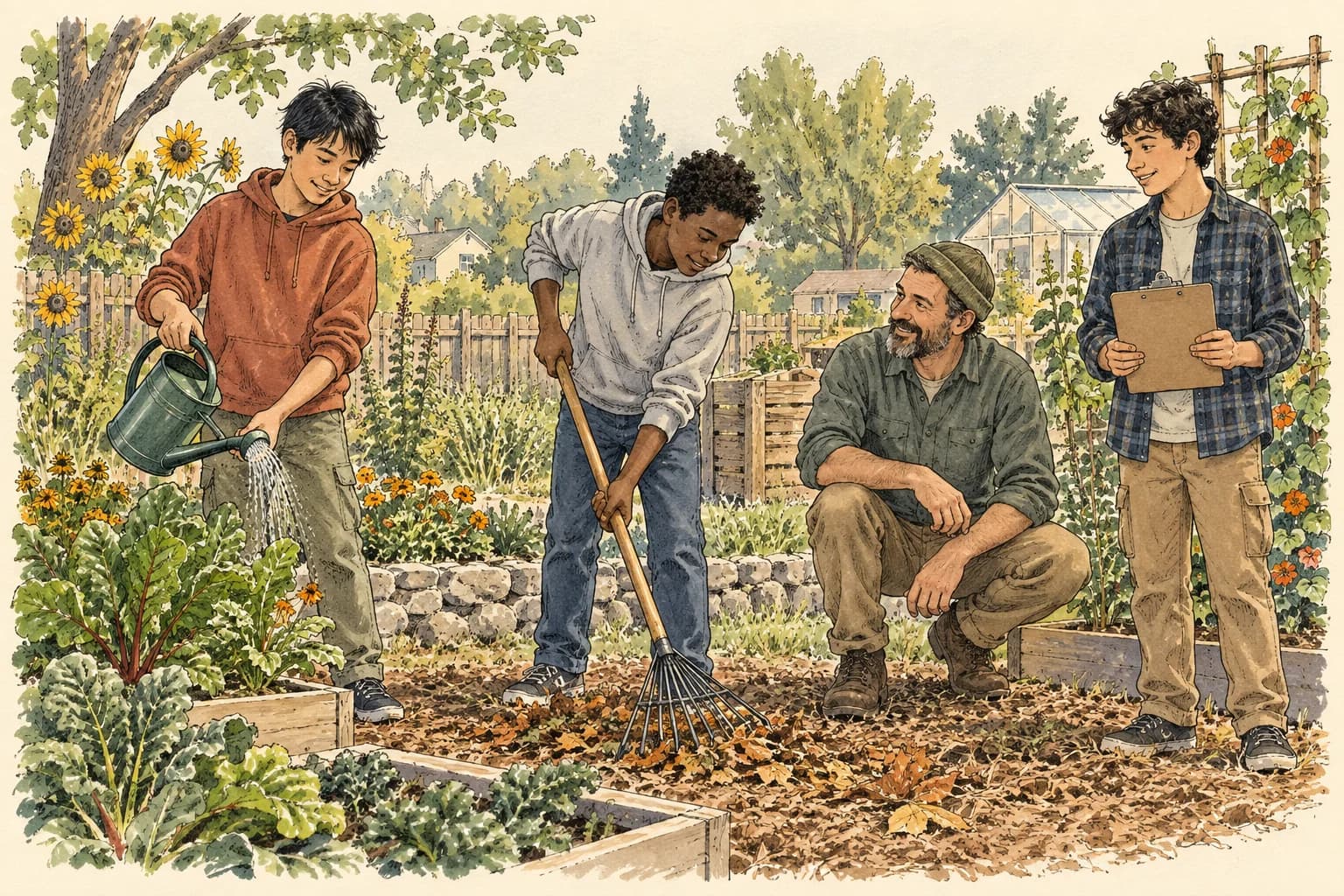 Youth and an adult working together in a community garden